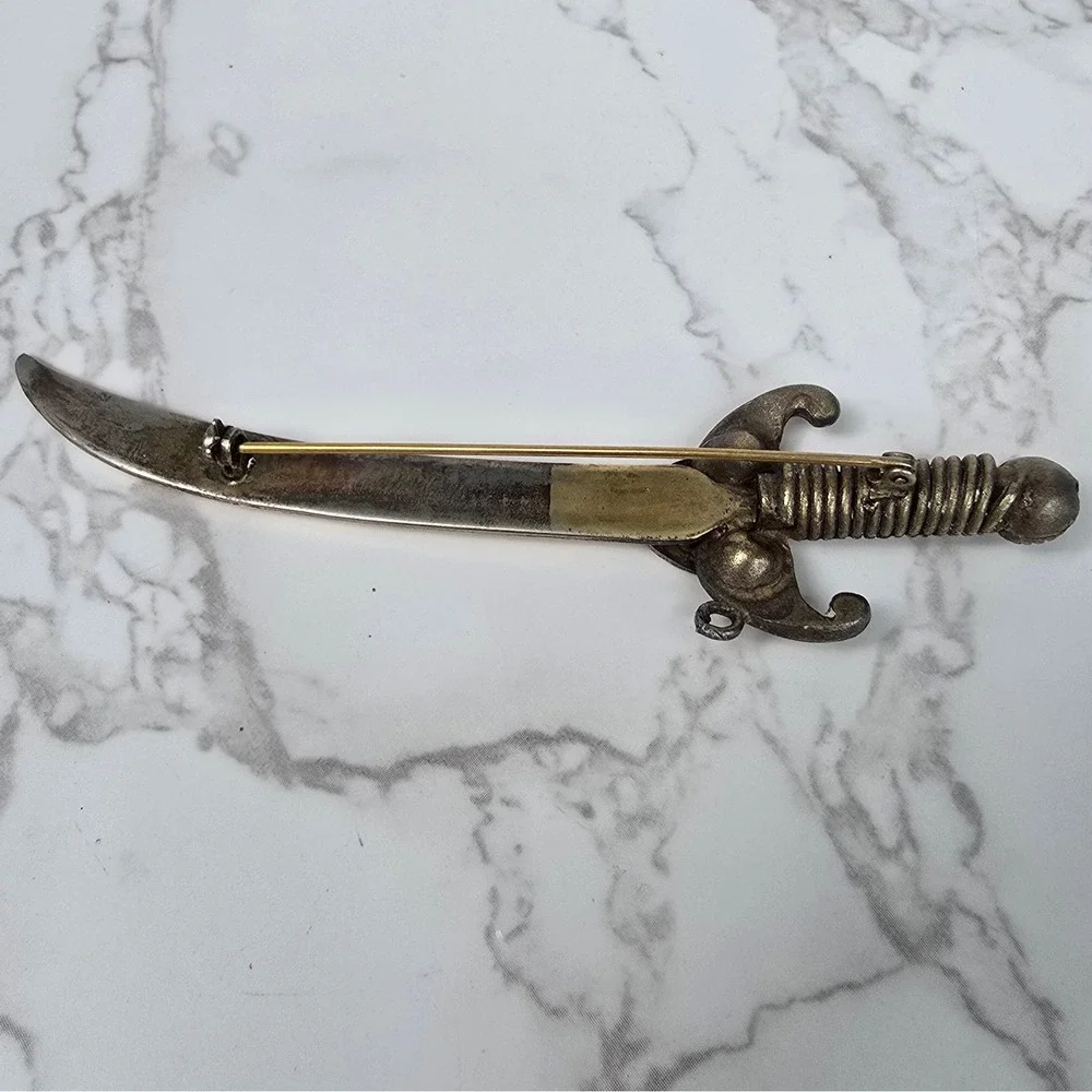 Vintage Scimitar Sword Brooch American Flag Shield Gold Silver Tone Pin 4 Inch